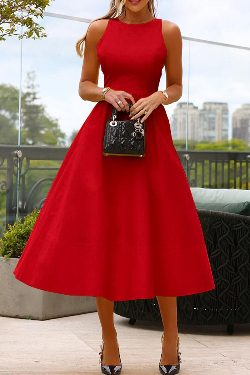 Elegante midi feestjurk met ronde hals ideaal voor gelegenheden en cocktailparty's