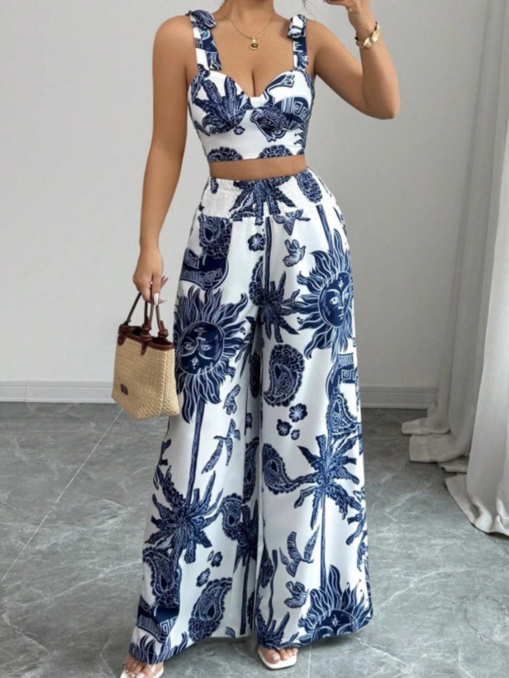 Luchtige top met bandjes en wijde broek in set met print