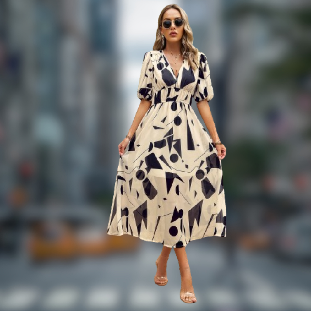 Elegante lange damesjurk met v-hals geschikt voor feestjes en nonchalant gelegenheden
