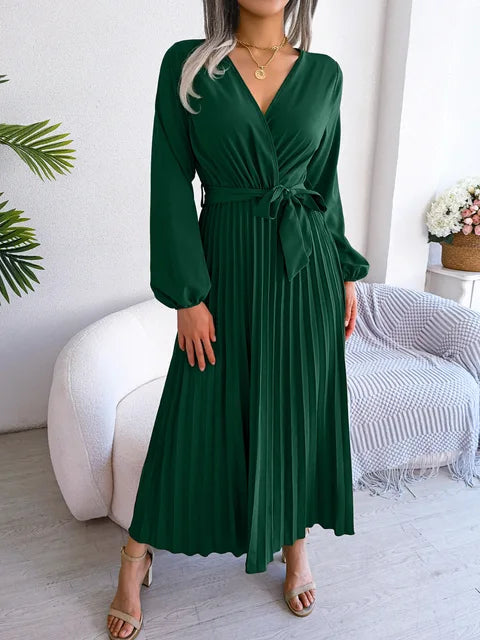 Lange maxi-jurk met V-hals en stijlvolle lange mouwen