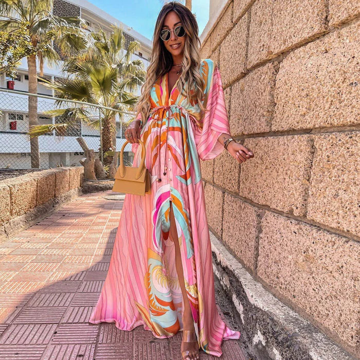Elegante lange strandjurk met print als cover-up