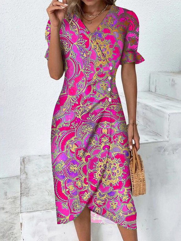 Elegante Jurk met Ruches en Overslagzoom, Etnische Stijl voor Dames