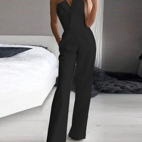 Stijlvolle klassieke jumpsuit met V-hals mouwloos en wijde pijpen