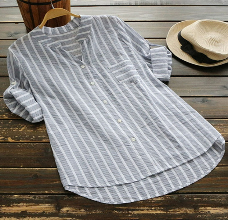 Delia - V-hals streepjesprint casual shirts met halve mouwen
