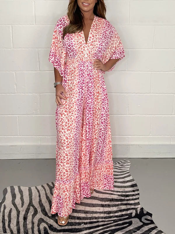Veelkleurige kimonobroek met geometrische print en V-hals