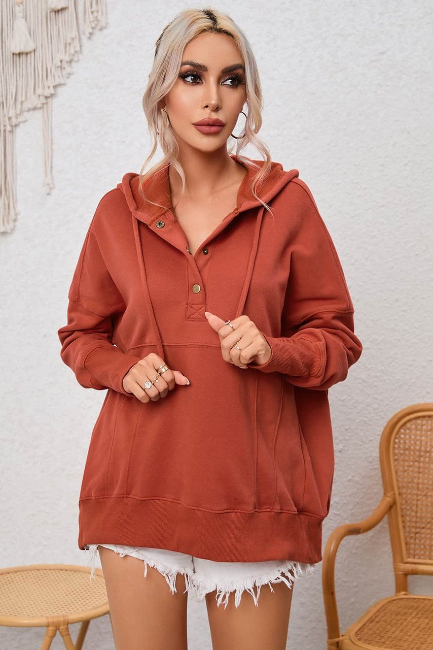 Oranje Oversized Hoodie met Drukknopen en Duimopeningen