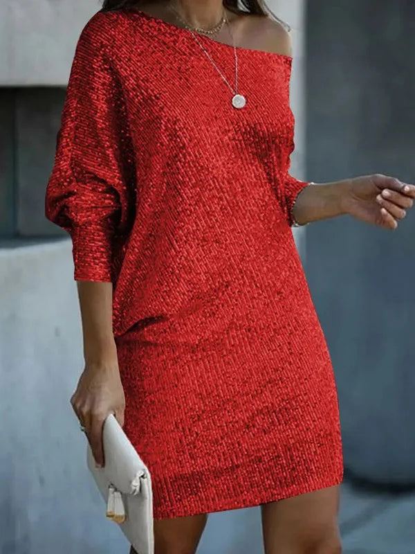 Asymmetrische one-shoulder mini-jurk met pailletten en een losse A-lijn snit