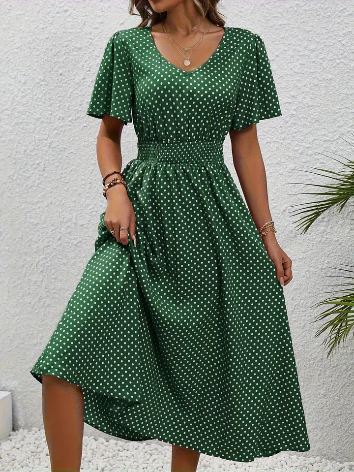 Carolina - Allover Print Shirred Waist Dress, Casual Jurk met Korte Mouwen