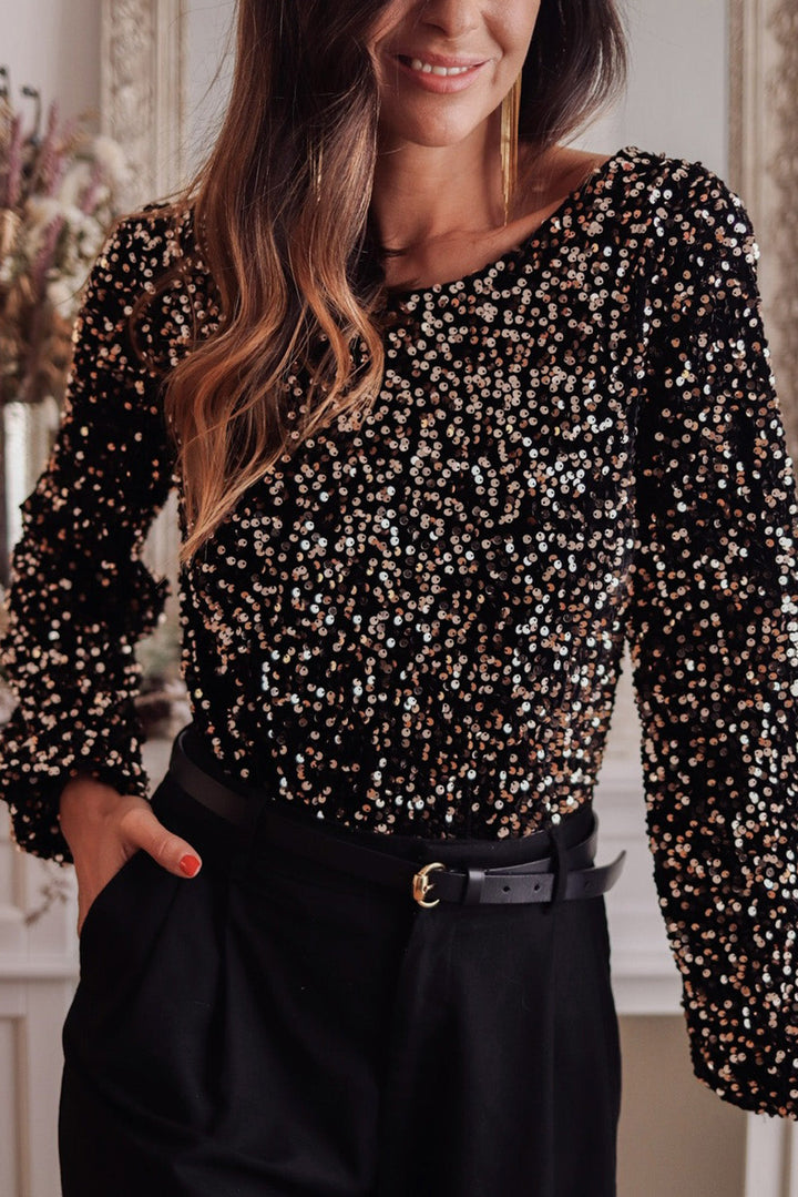 Elegante body met diepe V-hals, glinsterende accenten en pofmouwen