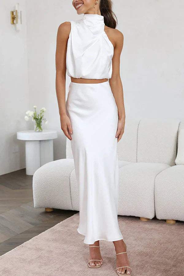 Stijlvolle dames set met een trendy top en een lange elegante rok