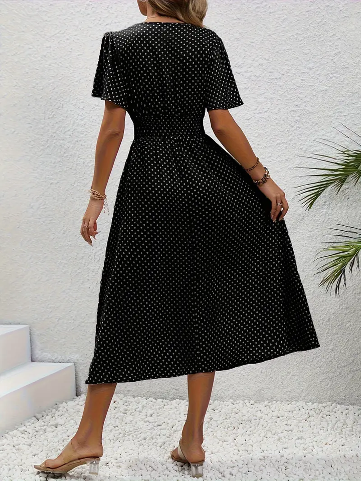 Carolina - Allover Print Shirred Waist Dress, Casual Jurk met Korte Mouwen