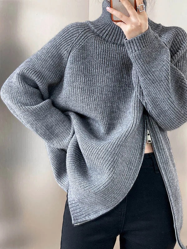 Vrouwen Zipper Hoge Hals Trui met Lange Mouwen en Loose Fit