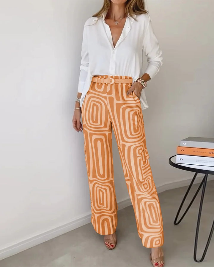 Andrea - Tweedelige set met reversoverhemd met lange mouwen en print, zonder riem