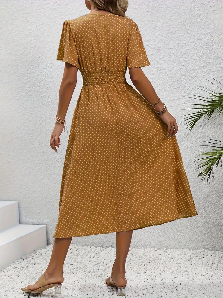 Carolina - Allover Print Shirred Waist Dress, Casual Jurk met Korte Mouwen