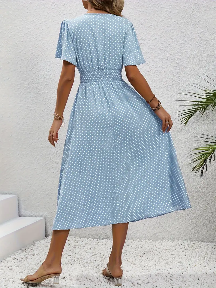 Carolina - Allover Print Shirred Waist Dress, Casual Jurk met Korte Mouwen