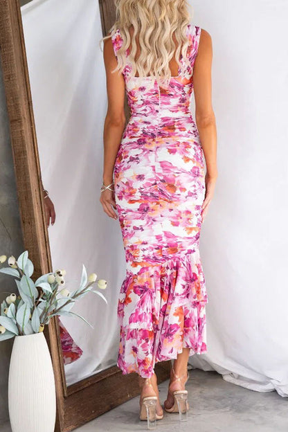 Sarah - Perfect vormgegeven maxi-jurk met bloemen, ruches en ruches aan de zoom