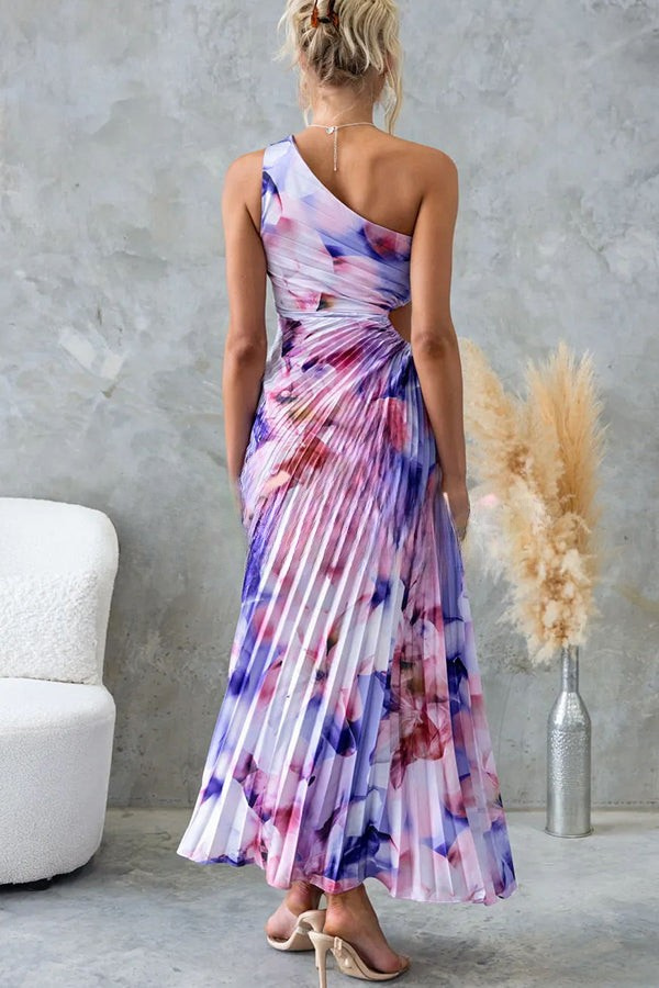 Lange asymmetrische jurk met bloemenprint verstelbare strik en speelse uitsnede perfect voor speciale gelegenheden