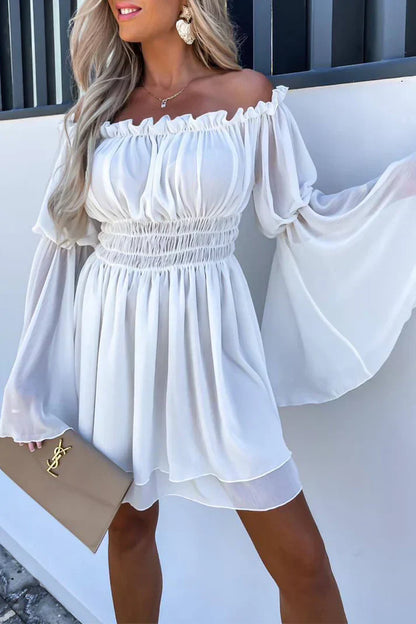 Laura - Eenvoudige, casual, off-the-shoulder jurken, off-the-shoulder rokjurken, met vaste ruches