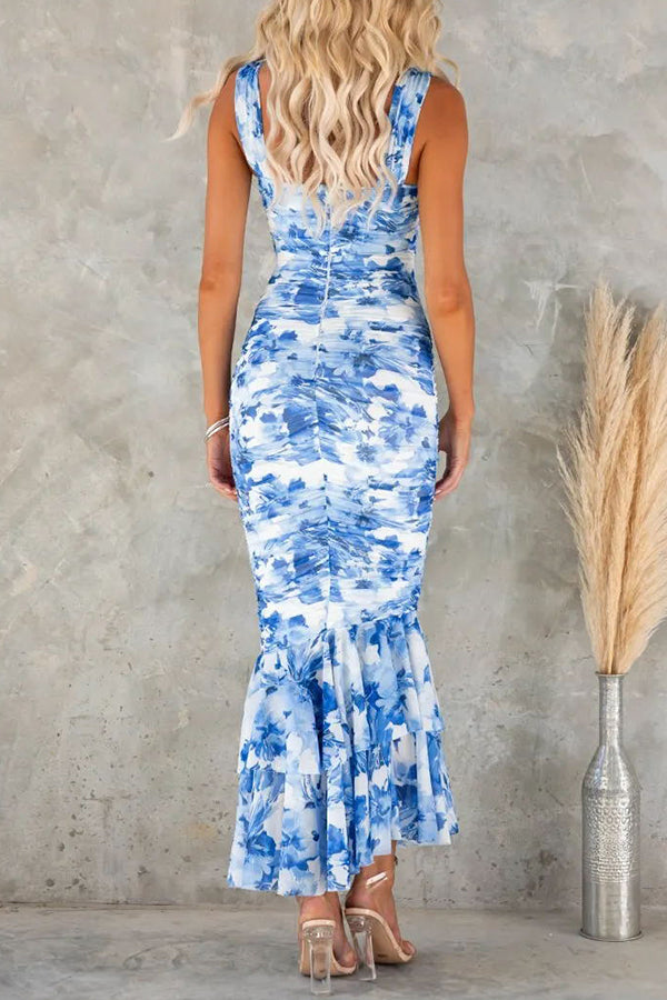 Sarah - Perfect vormgegeven maxi-jurk met bloemen, ruches en ruches aan de zoom