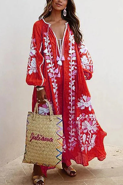 Natalia oversized casual maxi-jurk met lange mouwen, Boheemse bloemenprint en vakantie