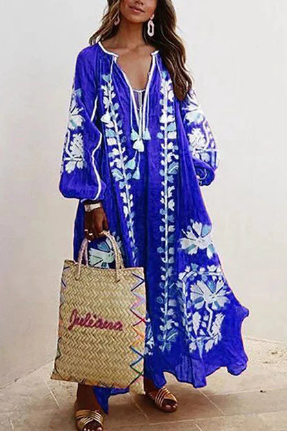 Natalia oversized casual maxi-jurk met lange mouwen, Boheemse bloemenprint en vakantie