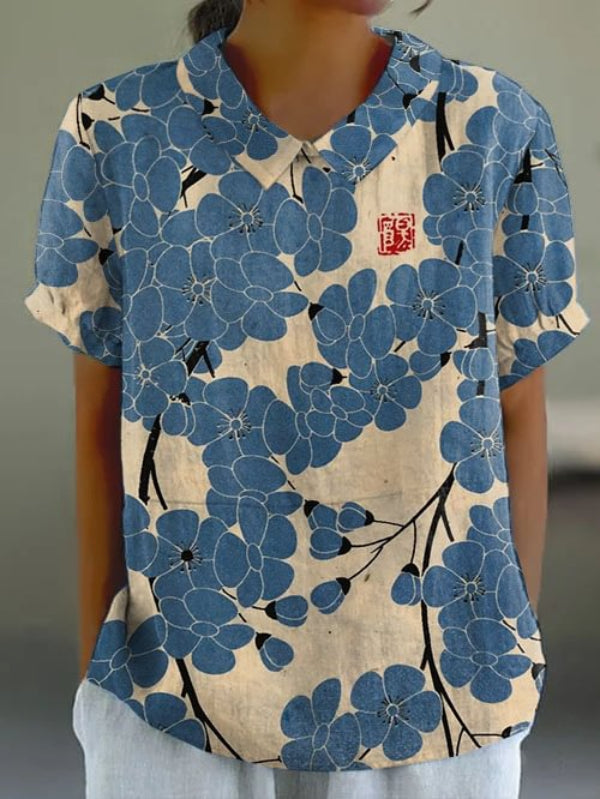 Lola - Japanse Plum Blossom Art Retro-top met korte mouwen voor dames