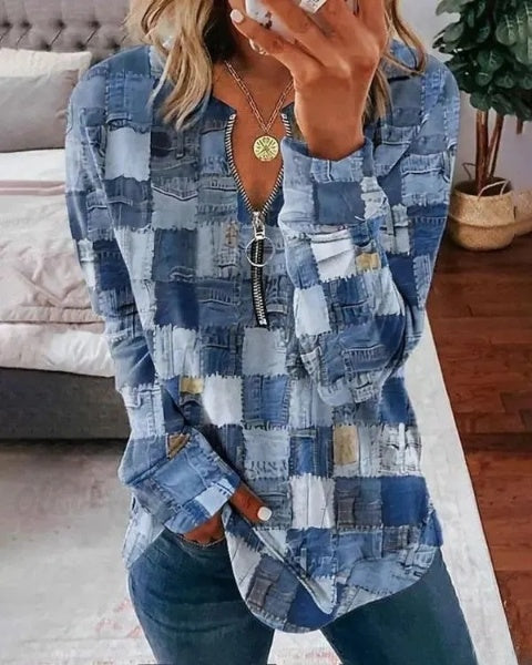 Langarm T-shirt met Rits en Denim Look Print - Perfect voor Casual Stijl