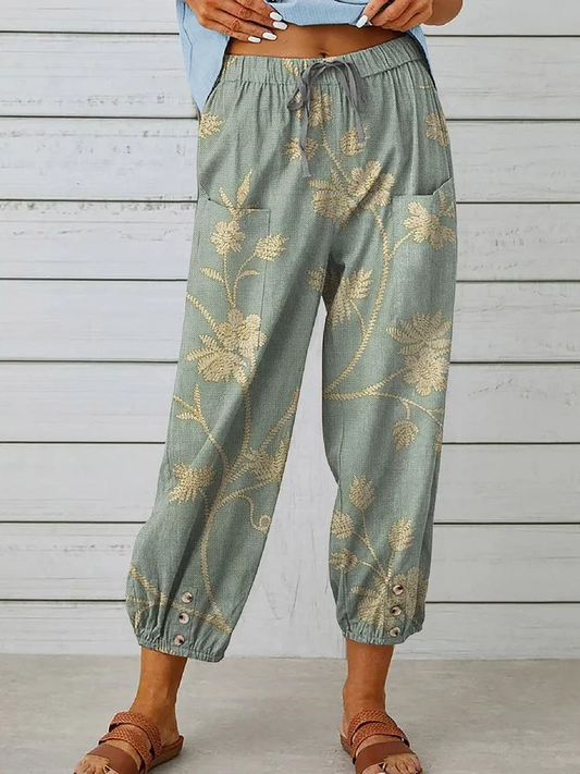 Laura - Retro elegante casual damesbroek met bloemenkunstprint