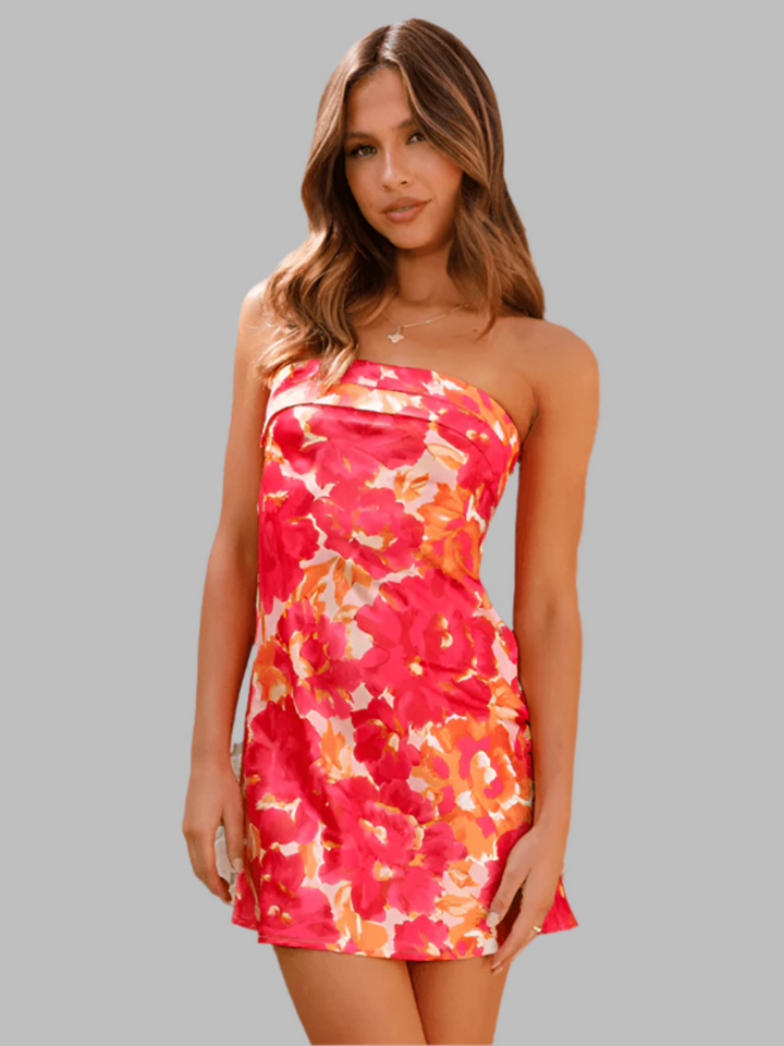 Korte strapless jurk met print en open rugdetail