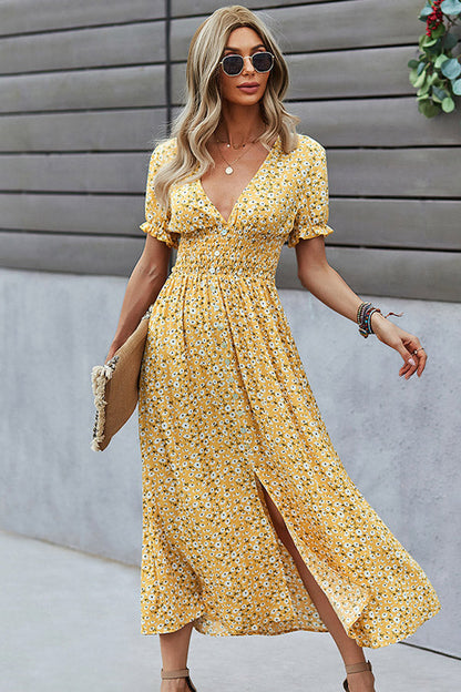 Rianna - V Hals Gesmokte Borst Bloemenprint "Maxi Dress"