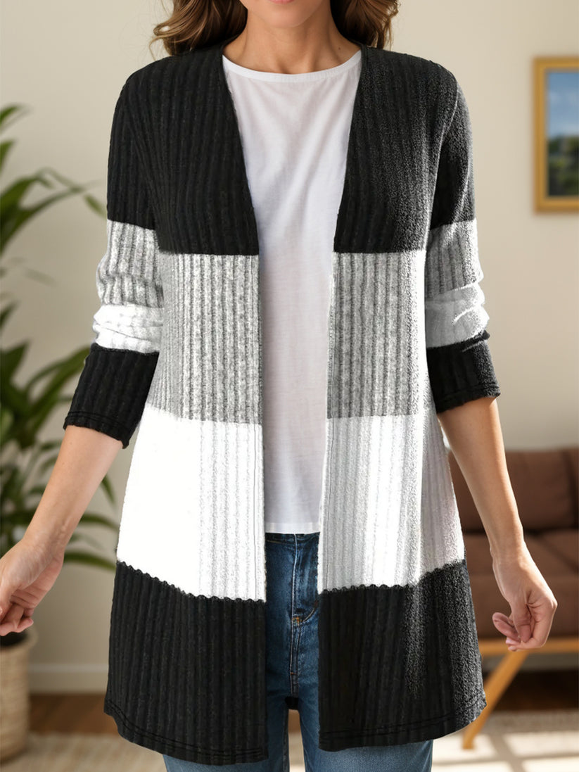 Modieuze Kleurblok Open Front Lange Mouwen Cardigan