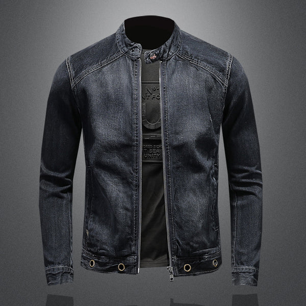 Heren Retro Denim Jacket met Staande Kraag - Donkerblauwe Stijl met Rits