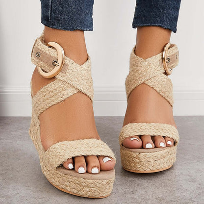 Anna - Criss-Cross Ankle Strap Espadrille Wedges