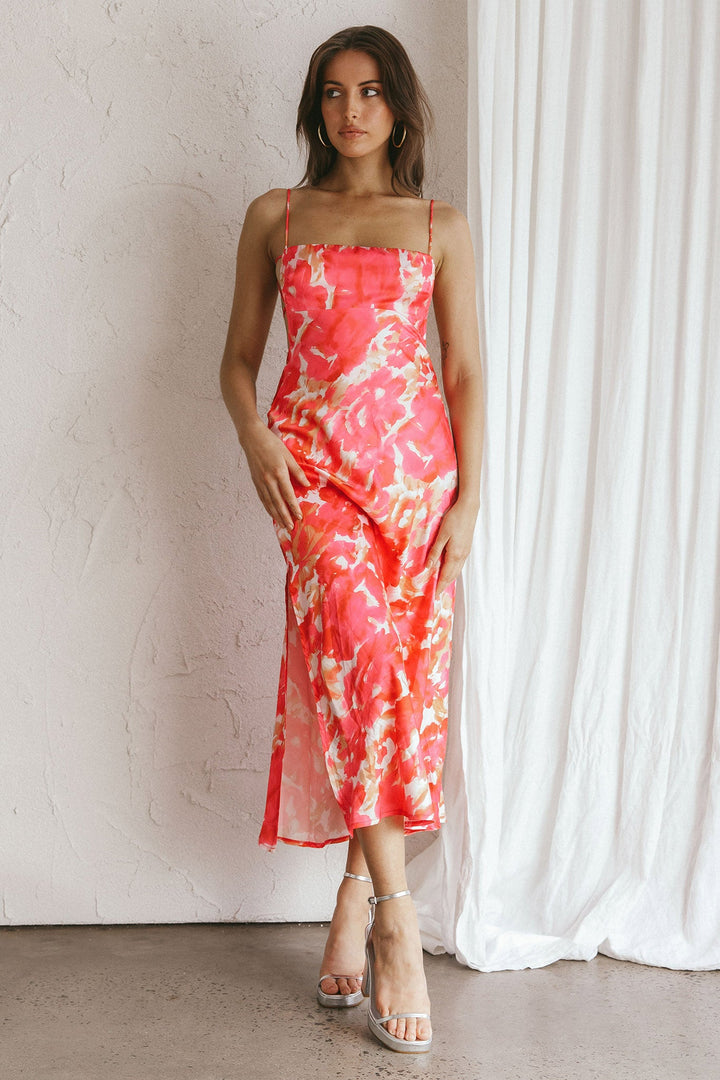 Delia - Roze Bloemen Midi Jurk met Lage Rug voor een Zoet Leven