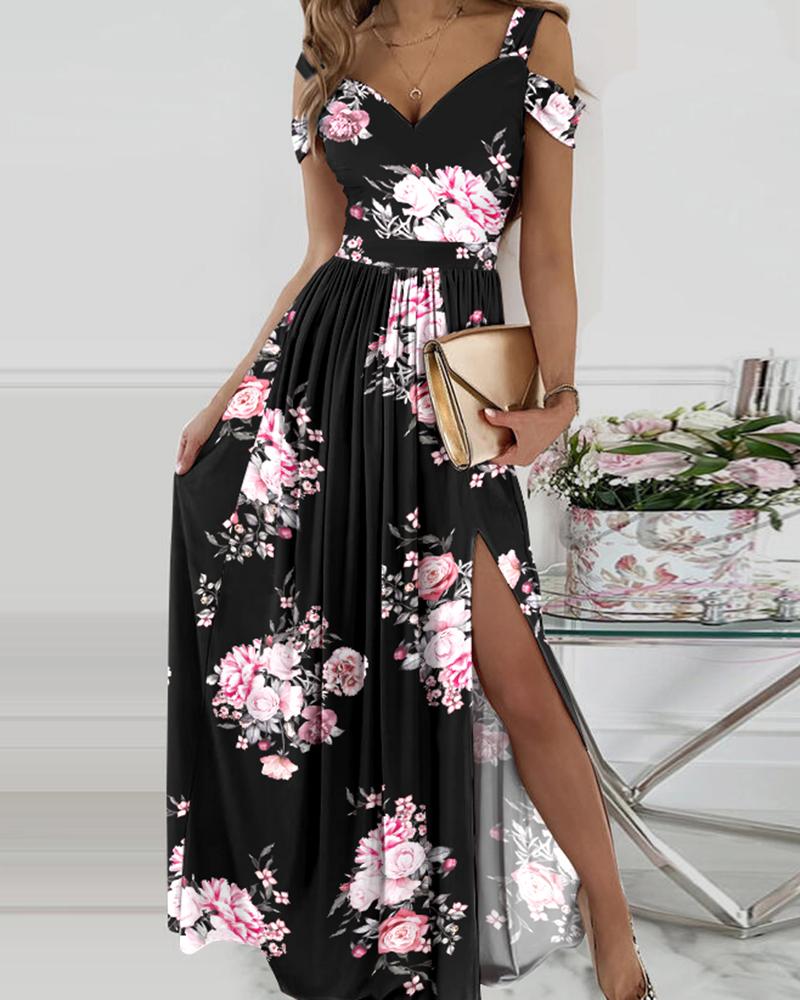 Elena - Maxi-jurk met koude schouders, hoge split en bloemenprint
