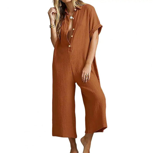 Micaela - Losvallende jumpsuit van katoen met textuur en knopen - Losvallende jumpsuit