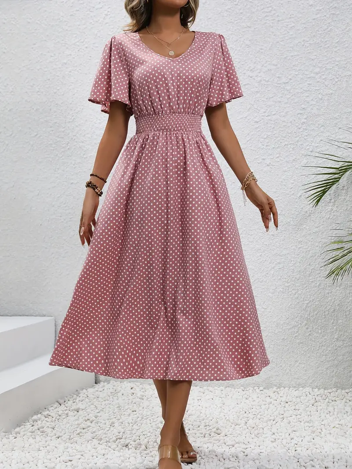Carolina - Allover Print Shirred Waist Dress, Casual Jurk met Korte Mouwen