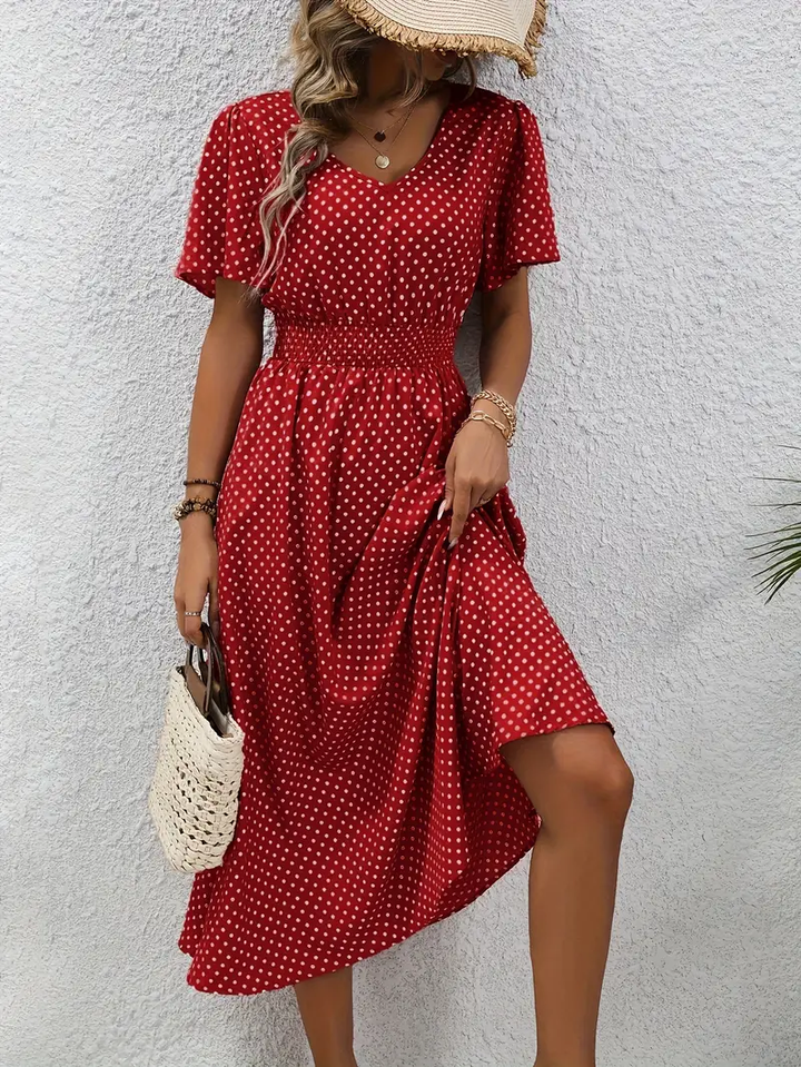 Carolina - Allover Print Shirred Waist Dress, Casual Jurk met Korte Mouwen