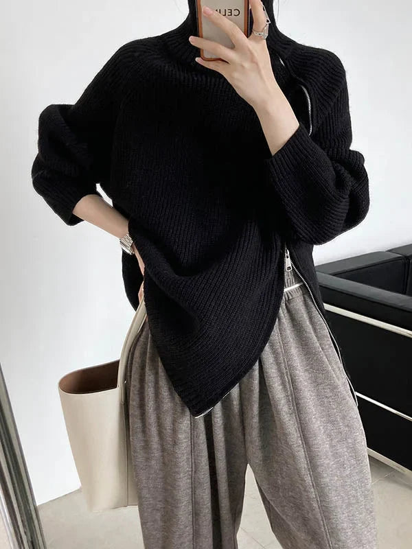 Vrouwen Zipper Hoge Hals Trui met Lange Mouwen en Loose Fit