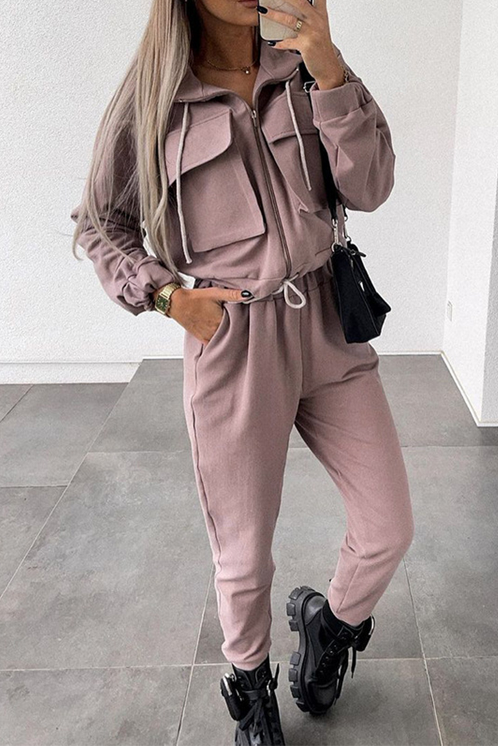Nonchalant Tweedelig Outfit met Ritskraag en Lange Mouwen