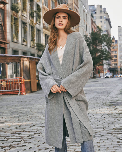 Grijze Duster Cardigan met Zakken en Tailleband – Perfect voor de Herfst