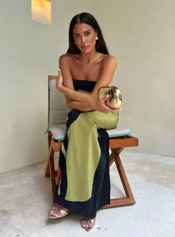 Naila - Strapless maxi jurk met kleurblokprint
