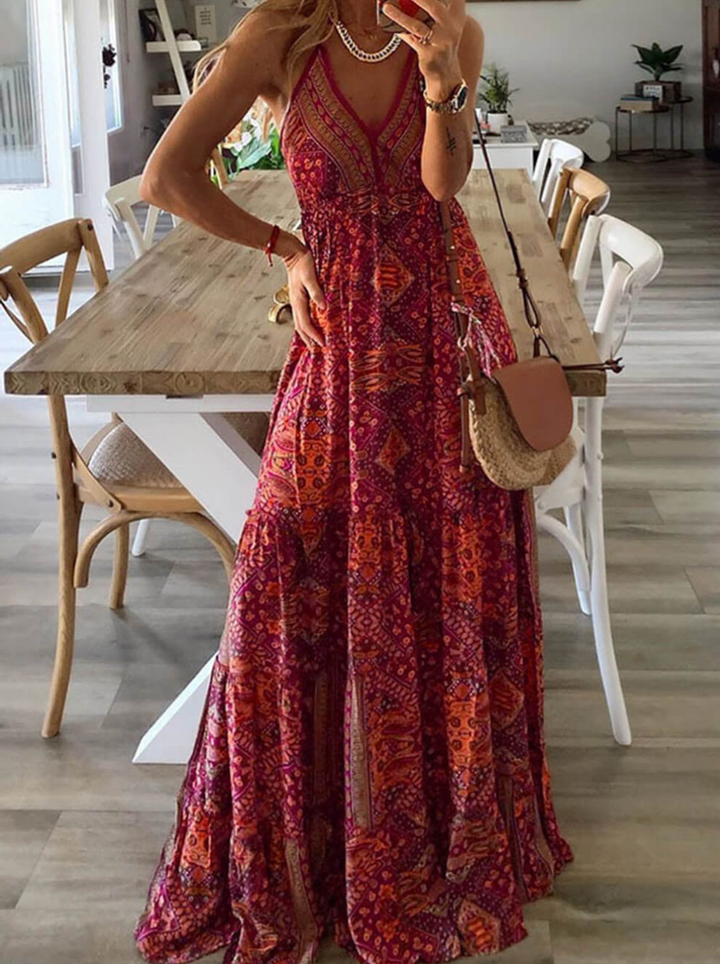 Amira - Maxirok met hoge taille, bloemenpatroon en V-halslijn