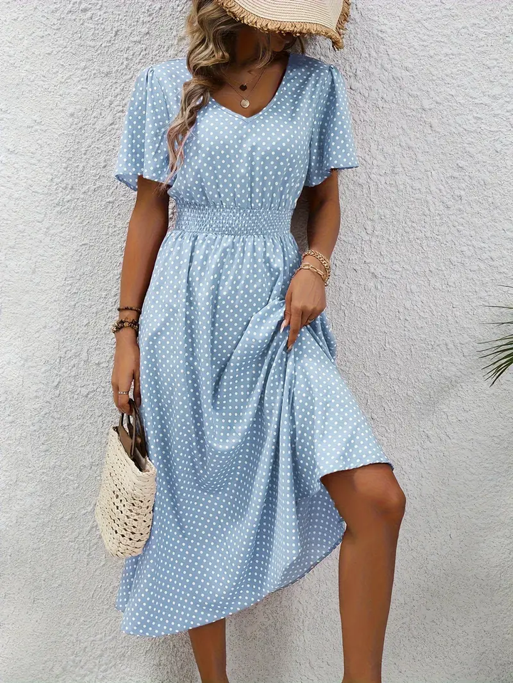 Carolina - Allover Print Shirred Waist Dress, Casual Jurk met Korte Mouwen
