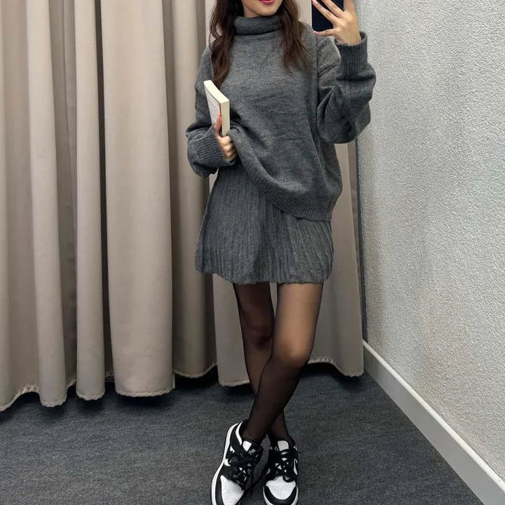 Dames Oversized Rok en Hohe Kraag Trui Set - Zachte Mode voor Casual Gelegenheden