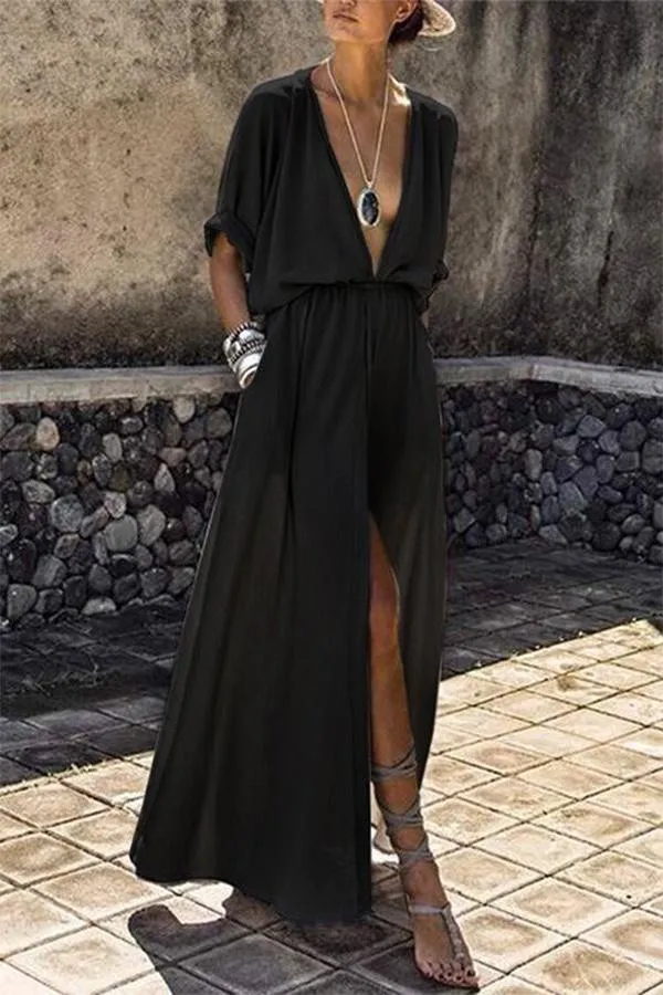 Nicole - Diepe V-hals Effen Kleur Mid-mouwen Grote Swing Split Lange Jurk