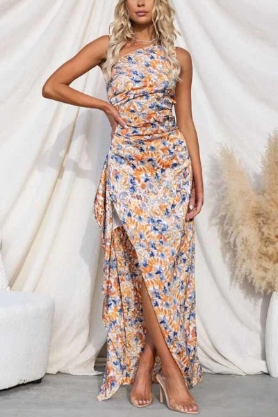 Maria - Gedurfde Bloemen Asymmetrische Maxi Jurk met Rimpeldetails