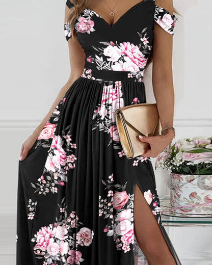 Elena - Maxi-jurk met koude schouders, hoge split en bloemenprint