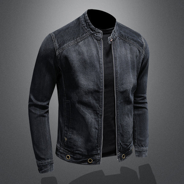 Heren Retro Denim Jacket met Staande Kraag - Donkerblauwe Stijl met Rits