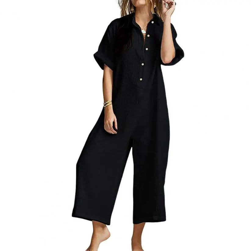 Micaela - Losvallende jumpsuit van katoen met textuur en knopen - Losvallende jumpsuit